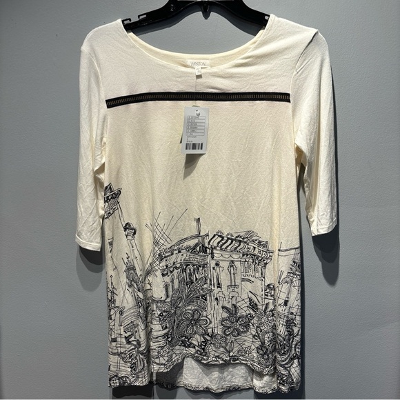 Weston by  Anthropologie Hall & Parlor Ivory/black graphic Rayon T-shirt SzS NWT - Picture 1 of 11
